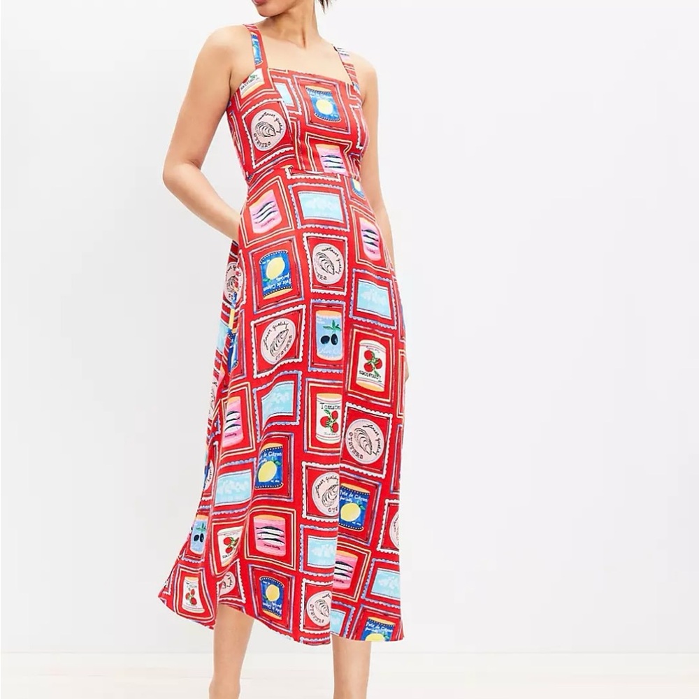 LOFT 	
Can Print Linen Blend Strappy Midi Dress